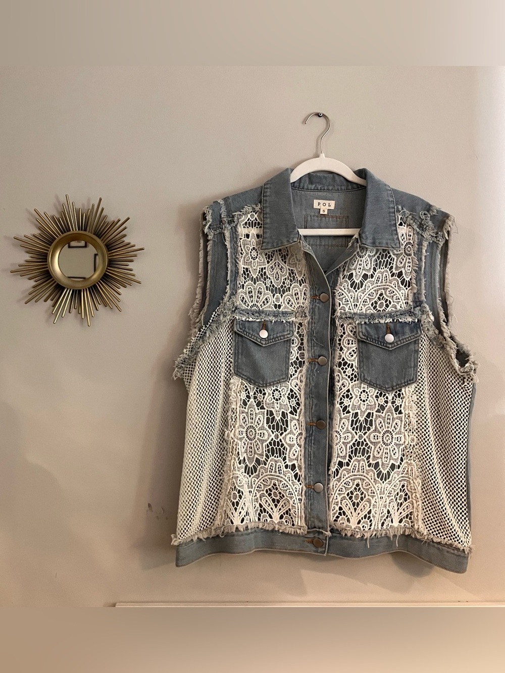 POL Denim & Lace Sleeveless Vest - Light Blue & White NWOT